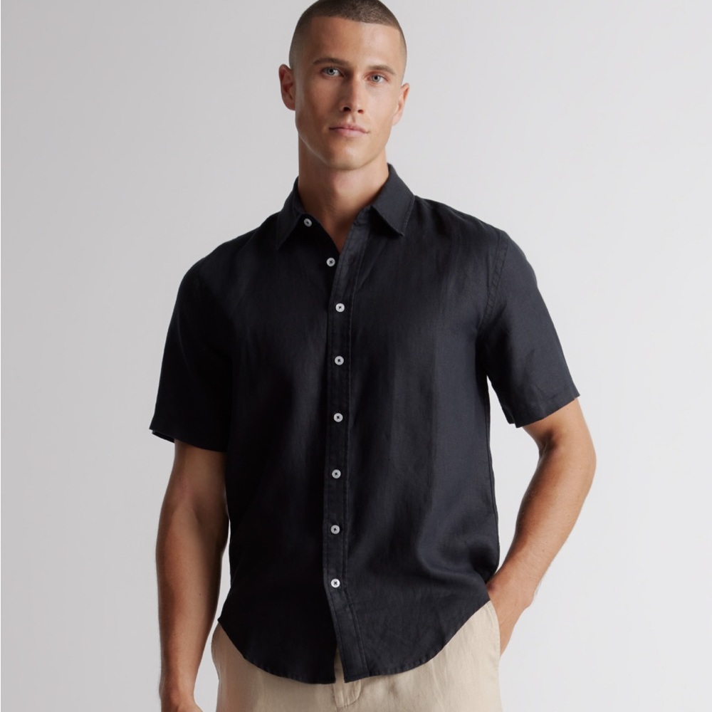 Quince 100% European Linen Relaxed Short Sleeve Shirt, Black, L